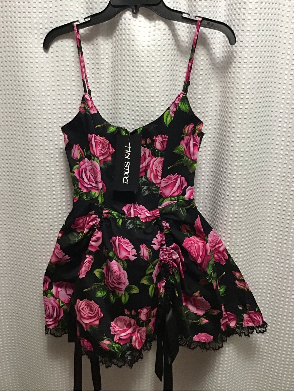 Dolls Kill Sugar Thrillz Black Dress with Bright Pink Rose Print